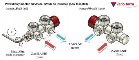 Zawór termostatyczny 50mm TWINS biały mat prawy Cu All in One Zawór termostatyczny 50mm TWINS biały mat prawy Cu All in One